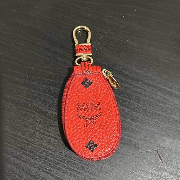 MCM Accessories - MCM Key Fob Key Chain Holder All Over Logo Print Red Leather Key Case USED